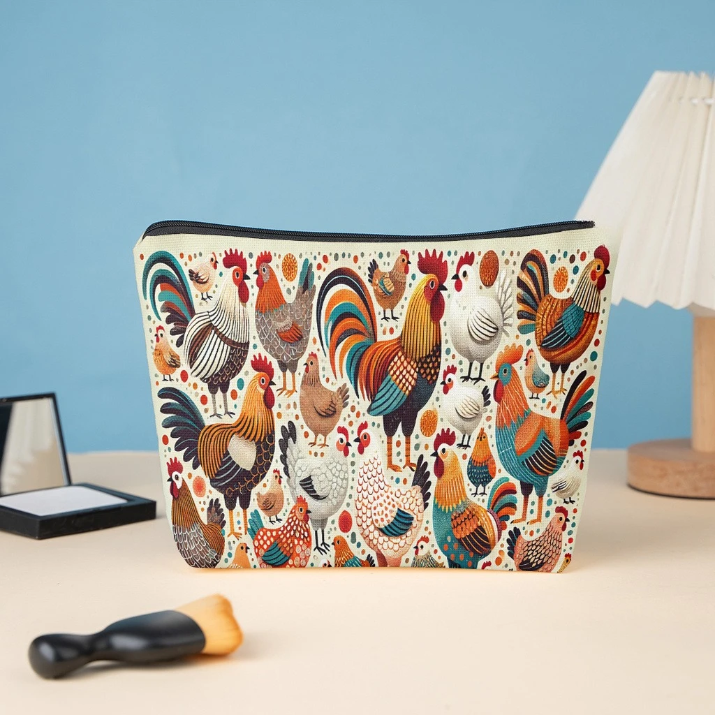 1pc Chicken Print Cosmetic Bag Compatible for & - Double-Sided Rooster & Hen Design, Zippered Pouch for Makeup