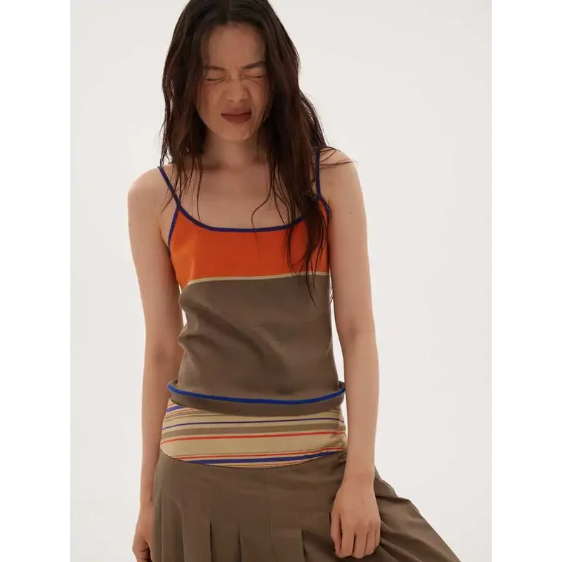 Women Color Block Cotton Cami Top Summer Breathable Sling Camisole Inner Outer Wear Anti Armpit Fat Tank