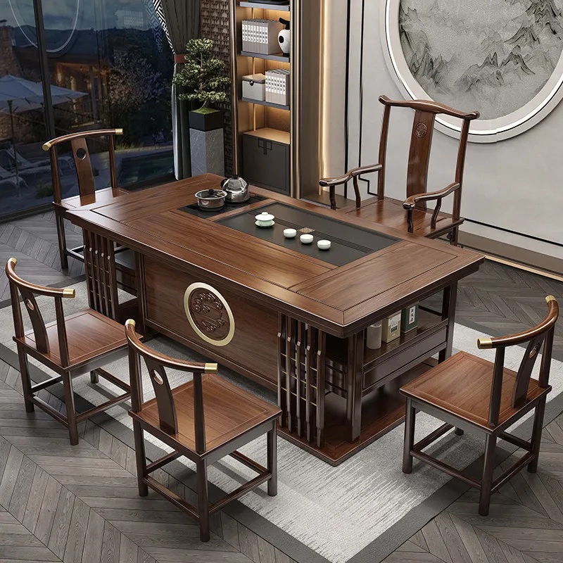 YFY solid wood tea table and chair combination new Chinese office coffee table tea set household one table five chairs