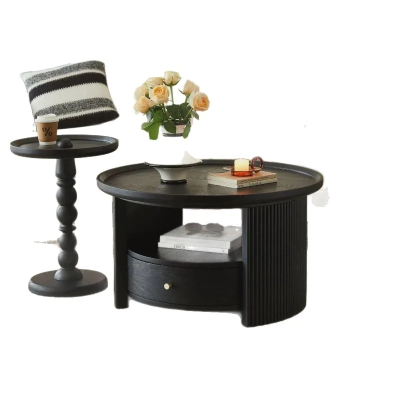 Imitation solid wood coffee table round combination small apartment medieval tea table living room home new antique style