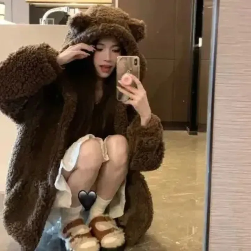 Bear Ear Hoodie Women's Casual Oversized Hoodie Coat Winter Thick Warm Zip Up Hoodie Sweatshirt Y2k Harajuku Streetwear Women