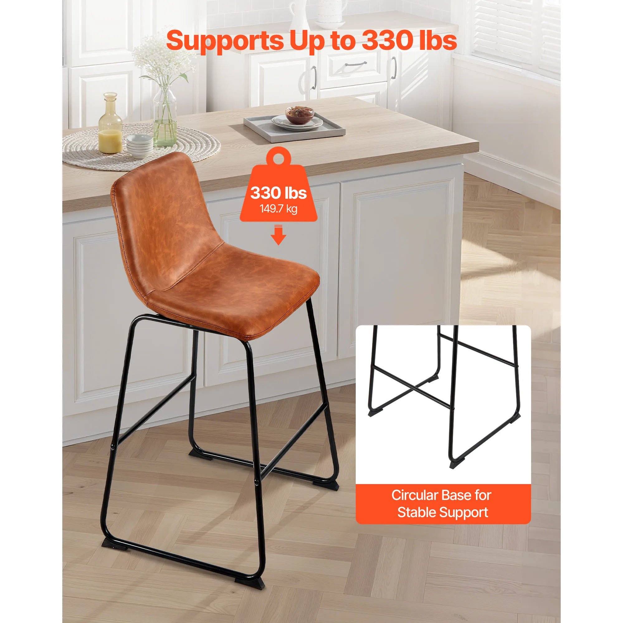 Bar Stool Set of 4, 26 inch Counter Height Stools, Modern PU Leather Counter Barstool with Backrest, Metal Legs, Easy Assembly Armless Bar Chair, Island Barstool for Kitchen, Dining Room, Brown