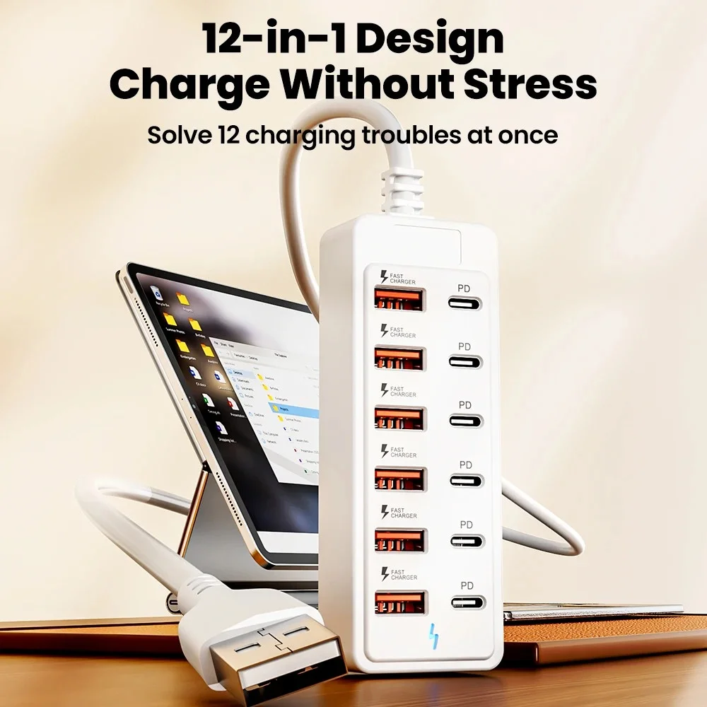 66W 12in1 USB C Charger 6 USB 6 Type C Desktop Charging Station Fast Charger Multi-Port Power Adapter with Cable for Home Office