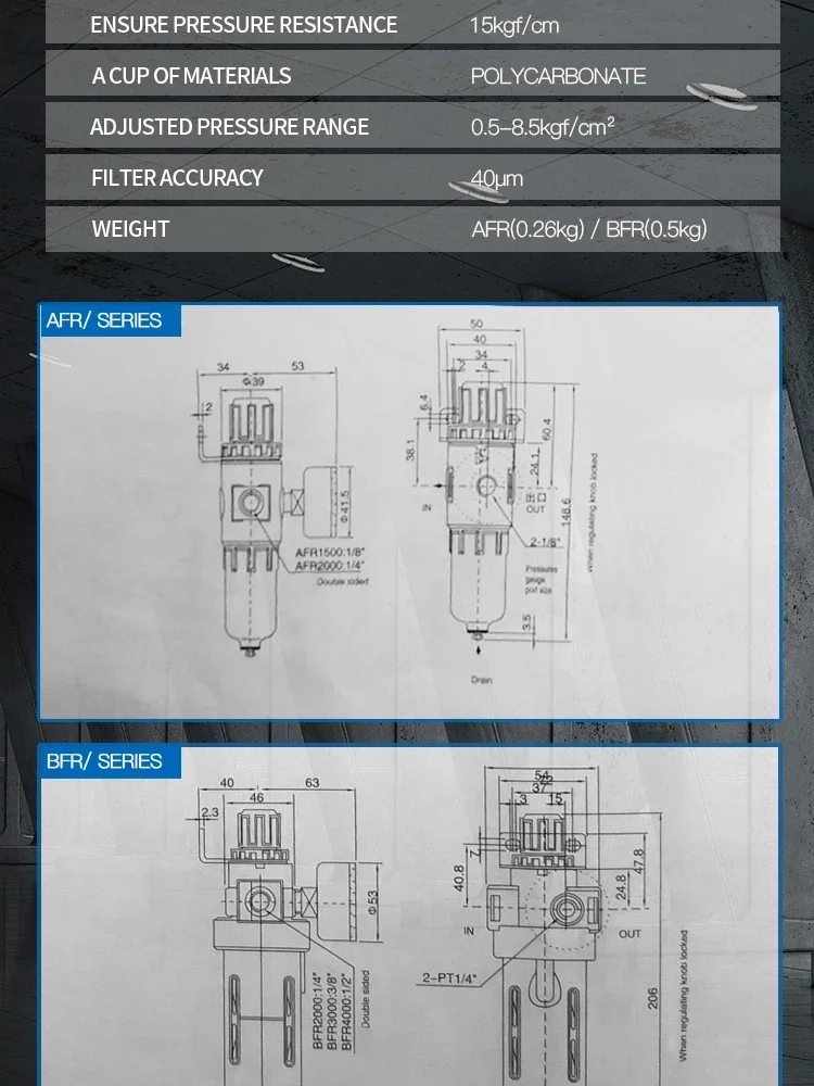 AFR2000 G1/4 Pneumatischer Luftfilterregler mit Manometer/Durchflussregelventil/Luftkompressor-Abfluss/Geschwindigkeitsregler – Detail 2