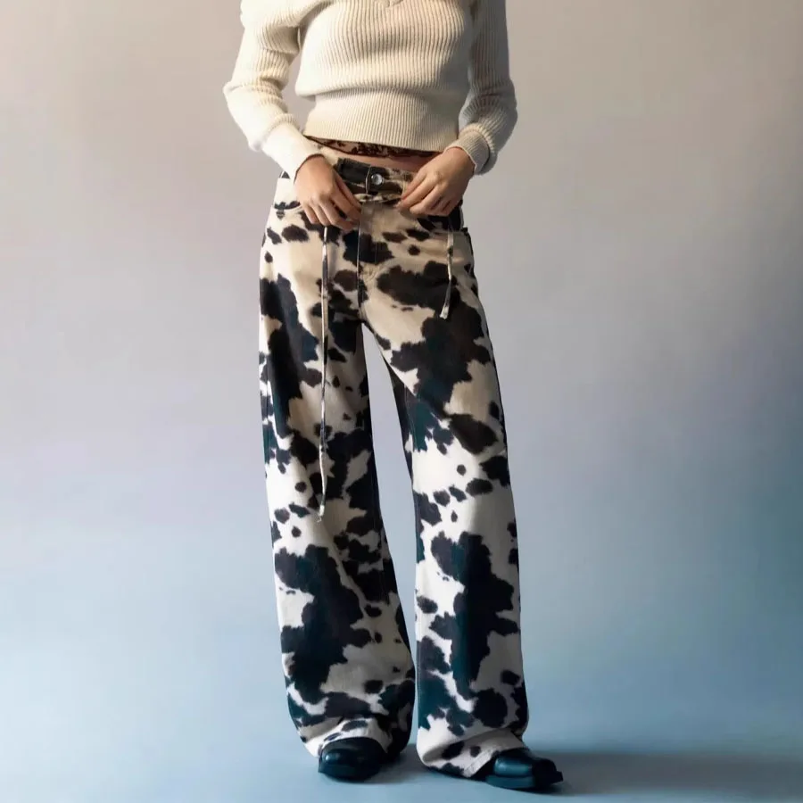American Fashion Women's Printed Jeans Casual Retro Washed Tie Dye Denim Pants Spring High Waist Lace-up Straight Leg Trousers