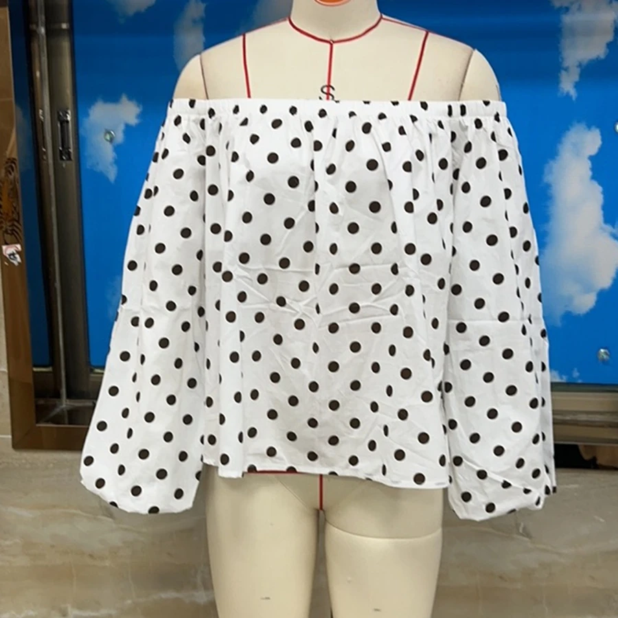

Fashion Women's Off-Shoulder Long Sleeve Blouse Brown Polka Dot Beige Slimming Casual Retro Top for Women