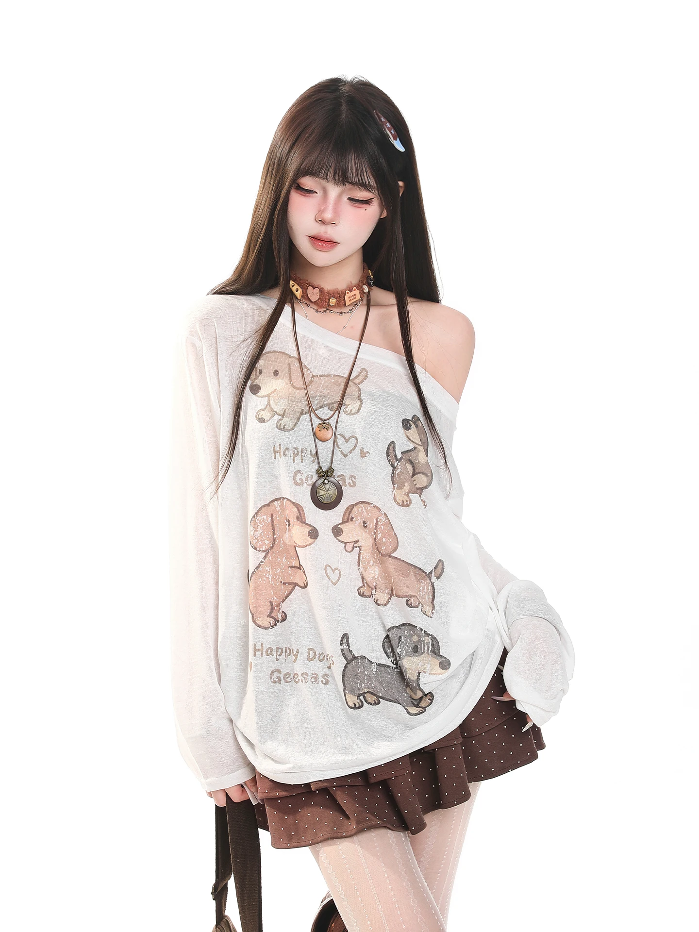 American Retro Long Sleeve Dog Print T-Shirt Women's Loose Casual Lazy Style Unique Beautiful Shoulder Exposure Cover up