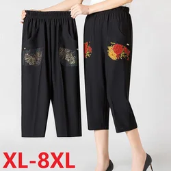 8XL Extra Large Middle-Aged Women Summer Pants Casual Elastic Waist Pencil Calf Length Pants Printed Pocket Black Grandma Pants