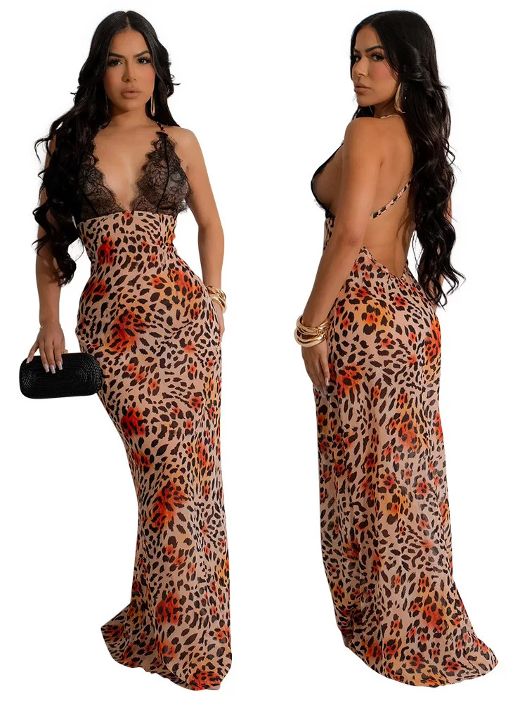 

New Women's Fashion V-Neck Exposed Backpack Hip Print Dress