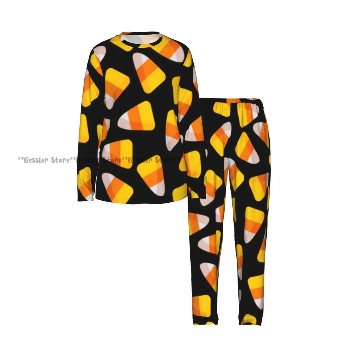 Women Casual Round Neck 2PCS Sleepwear Set Long Sleeve Shirt & Long Pants Candy Corn Print Daily Home Loungewear