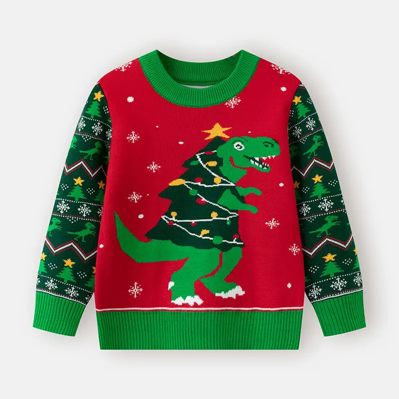 

New 2025 Kids Casual Christmas Cartoon Dinosaur Jacquard Warm Knitted Pullover Sweater Boys Girls Autumn Winter Xmas Sweaters