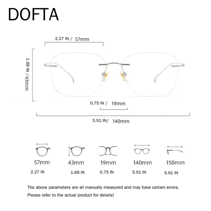 DOFTA Pure Titanium Ultra-light Prescription Rimless Glasses Frame Men Women  Retro Square Optical Myopia Men 50050