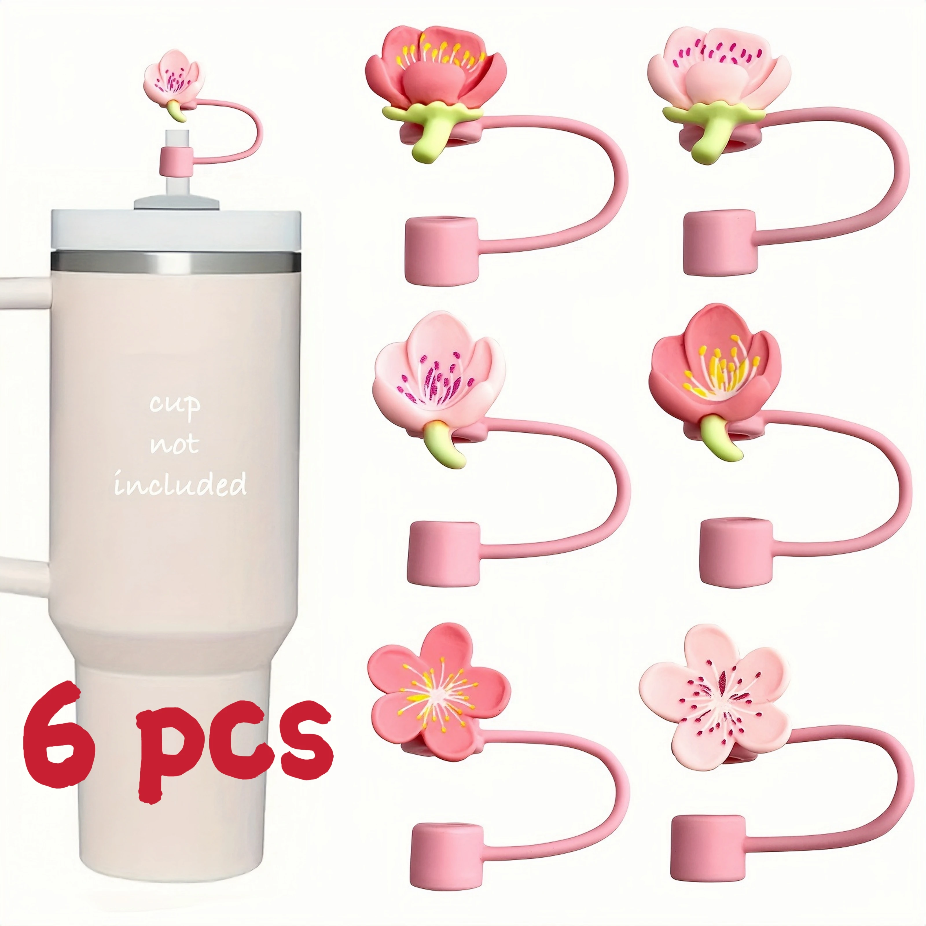 6-Pack Adorable Flower Silicone Straw Covers for Stanley Cup 30oz/40oz - 10mm Dustproof Reusable Straw Toppers