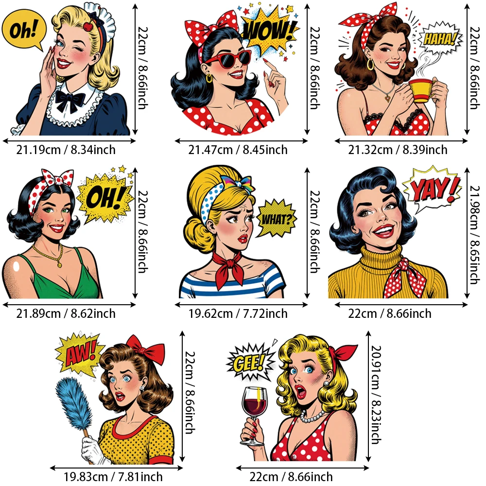 Set of 8 Retro Pop Art Pin-Up Girl Heat Transfer Iron On Stickers, Vintage 50s Woman Cartoon Iron-On Patches for T-Shirt DIY view 2