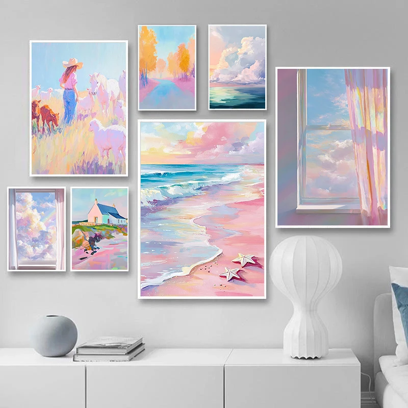 الوردي حالمة نافذة زهرة سحابة الشاطئ المراعي المشهد الفن الملصقات قماش الطباعة غرفة نوم المنزل الجدار الديكور اللوحة #1