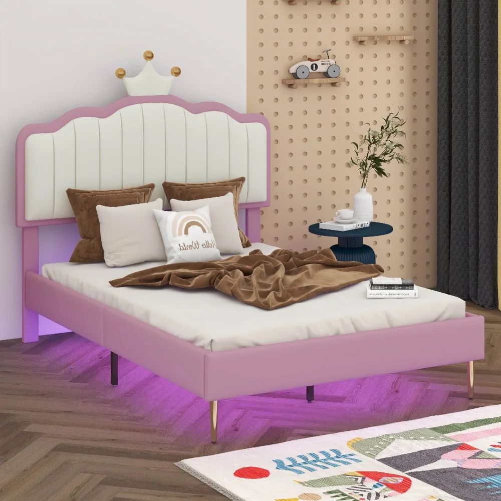 

Twin size Upholstered Princess Bed With Crown Headboard, White+Pink Children Beds