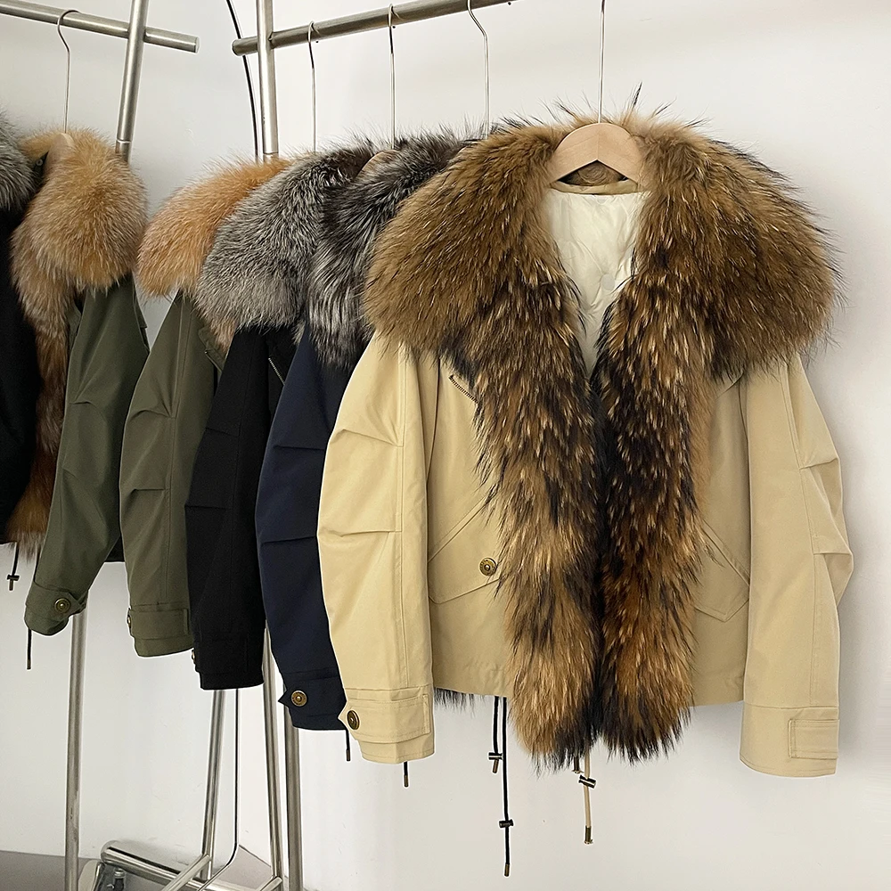 Giacca in pelliccia di realtà Cappotto in piumino d'anatra bianco caldo Donna Autunno Inverno Cappotto in pelliccia di procione naturale spesso Piumino impermeabile Donna