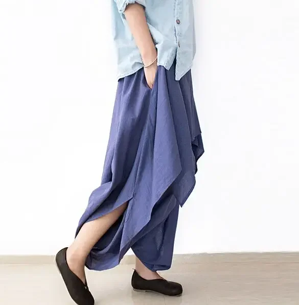 2017 جديد إمرأة بنطال ذو قصة أرجل واسعة فضفاضة القطن الكتان غير المتماثلة السراويل النمط الأصلي حجم كبير Capris مطاط الخصر فضفاض بنطلون