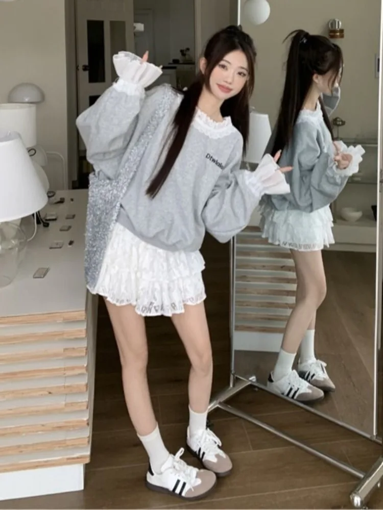 Deeptown Korean Fashion Sweatshirts Women Kpop Sweet Girl Gray Lace Patchwork Hoodies Female Coquette Aesthetic Long Sleeve Tops