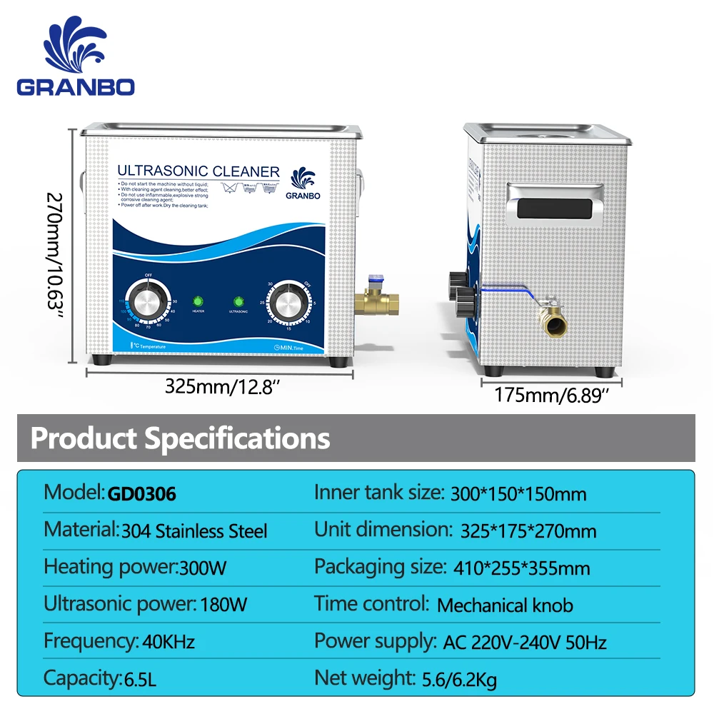 Macchina per la pulizia ad ultrasuoni Granbo da 6,5 litri con timer e riscaldatore - 40 kHz per apparecchiature di laboratorio, strumenti chirurgici e parti metalliche