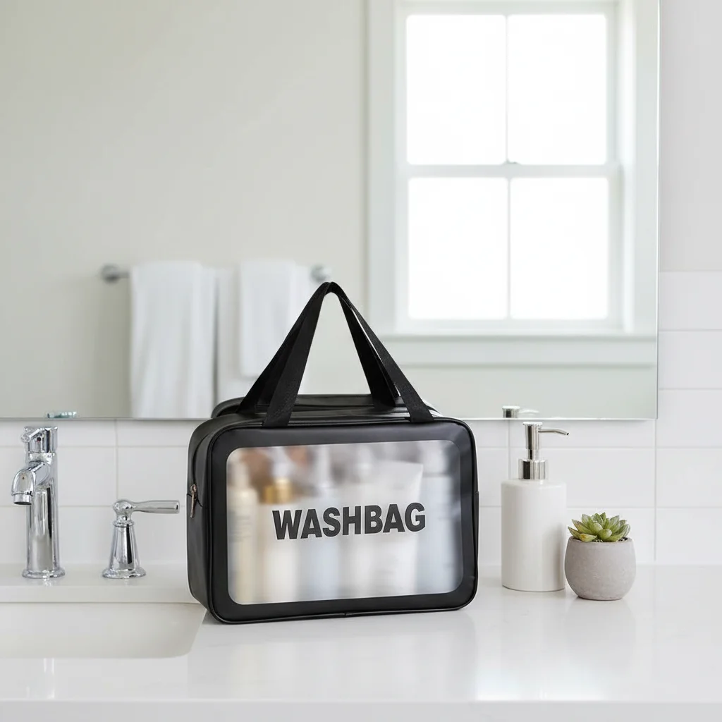 Portable Double Layer Transparent PU Makeup Bag Men Women Cosmetic Storage Bag Travel Wash Bag Wet And Dry Separation Three size
