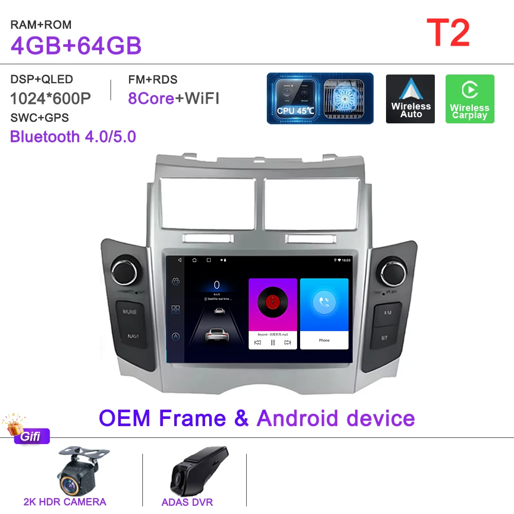 Android 16 Autoradio Voor Toyota Yaris XP90 Vitz Platz 2005-2012 Draadloze CarPlay 2din Stereo DSP multimedia Playe GPS Autoradio