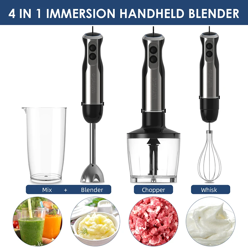 Mixer genggam elektrik 1000W 4 in 1, Blender genggam perendaman 16 kecepatan dapat disesuaikan untuk krim kocok Protein