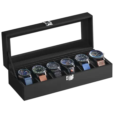 SONGMICS Watch Box, 6-Slot Watch Case, Watch Box Organizer, Black Synthetic Leather, Black Lining UJWB06B01