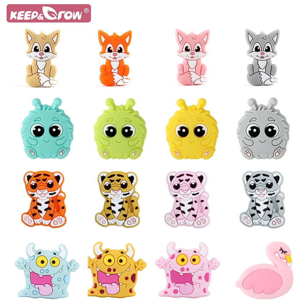 10Pcs Baby Silicone Beads Spoofing Monster Tiger Teether Teething Pacifier Clips Food Grade BPA Free Beads Baby Boy Girl Toys