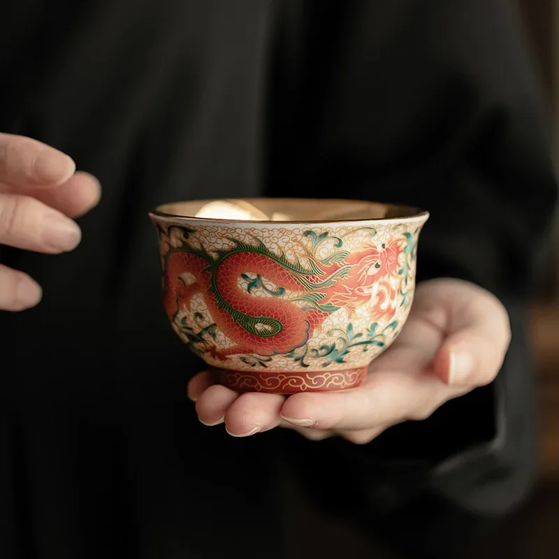 Enamel Color Gilt Tea Cup Dragon and Phoenix Pair Cup Ceramic Tea Bowl Household Handmade Drinking Tea Cup Gift Box