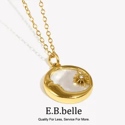 E.B.belle Natural Mother Of Pearl Casting Moon Star Circle Coin Necklace For Woman 18K Gold Plated Stainless Steel Jewelry