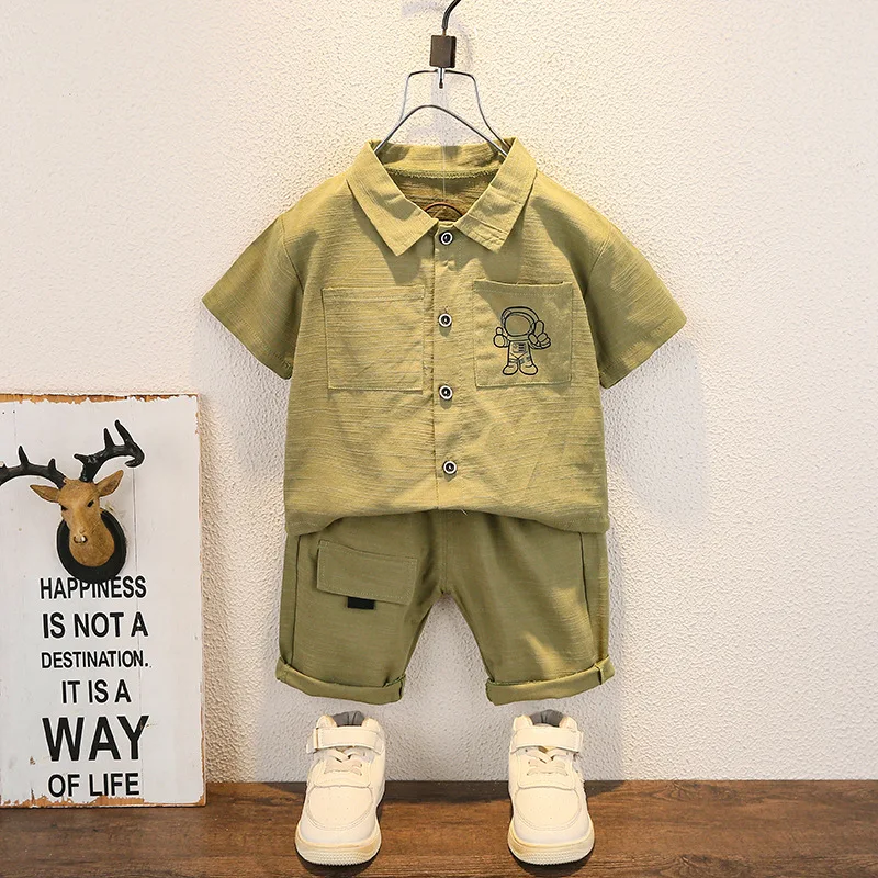 Children's set Boys and girls solid color small astronaut pocket shirt short sleeve shorts summer fashion two-piece set