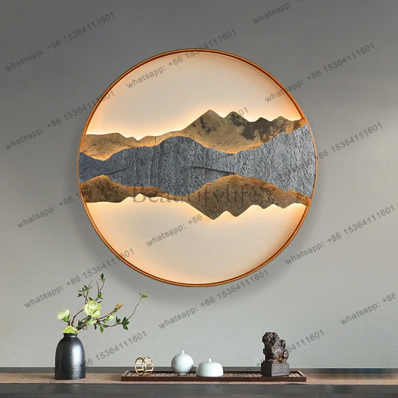 New Chinese decorative painting sofa background wall landscape circular rock slab luminous object