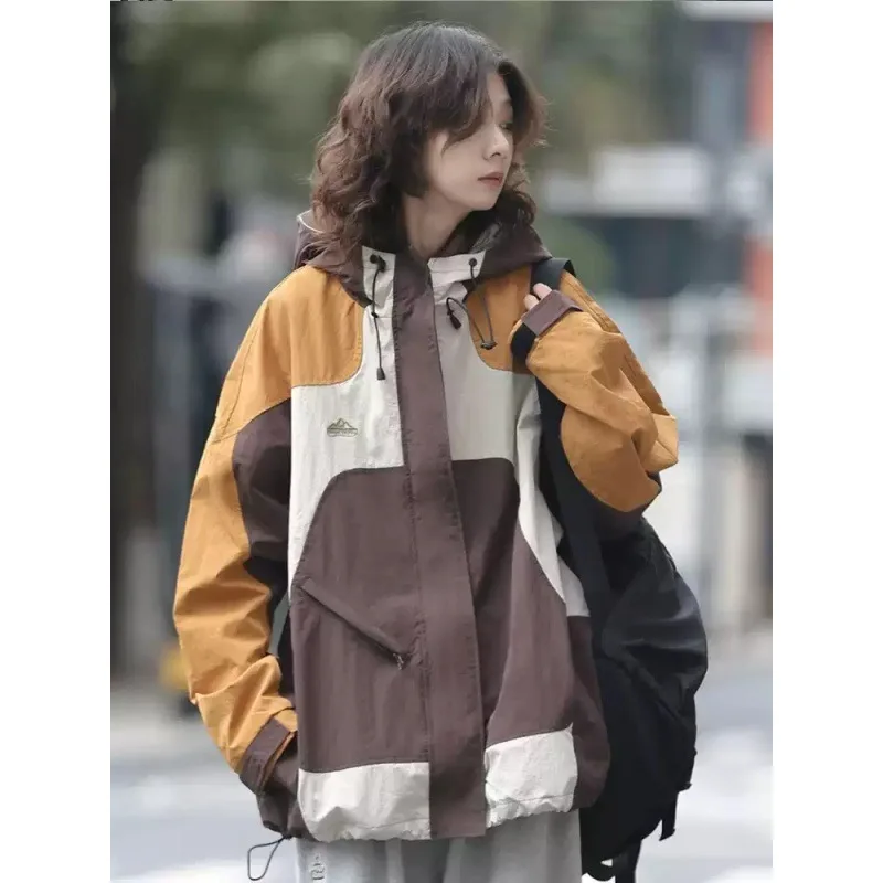 Punching Jacket Couple Spring Autumn New Patchwork Color Mountaineering Suit Casual Sweatshirt Hooded Zipper Lacing Coats
