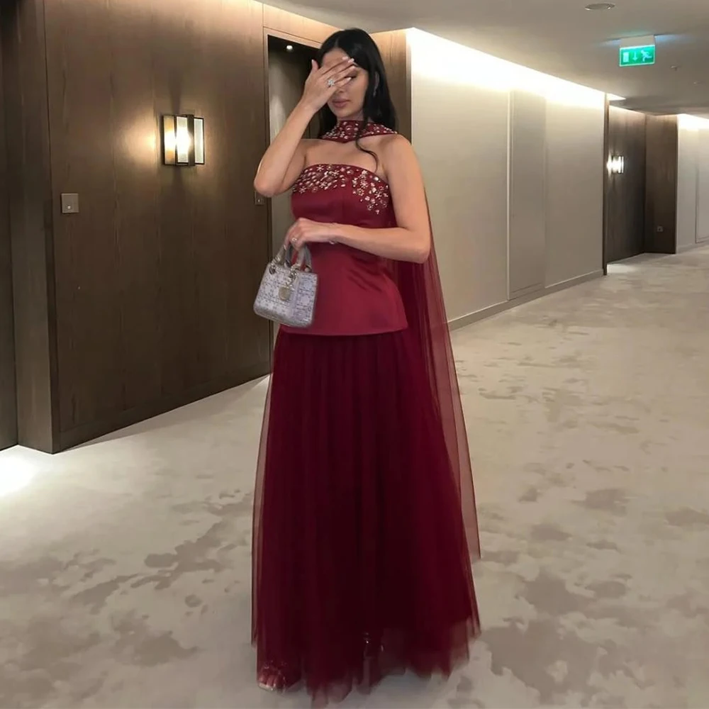 Flechazo Burgundy Beading Evening Dress Strapless A-Line Floor Length Tulle Women Customized Sleeveless فساتين للمناسبات الخاصة