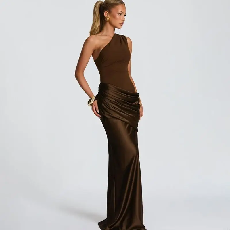 

Women Elegant Sleeveless Evening Dress Shoulder Satins Ruched Bodycon Wedding Guest Prom Gown For Banquets Party 6XDA