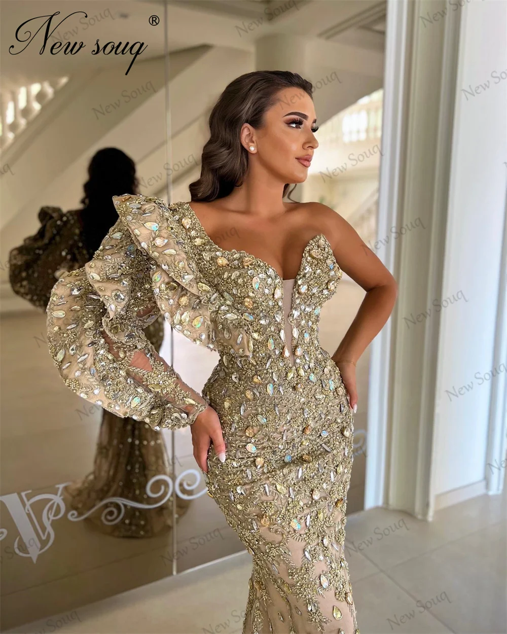 Newest Dubai Mermaid Evening Dresses With Beading One Shoulder Luxury Prom Dress Arabic Kaftans Long Party Dress Robes Du Soiree