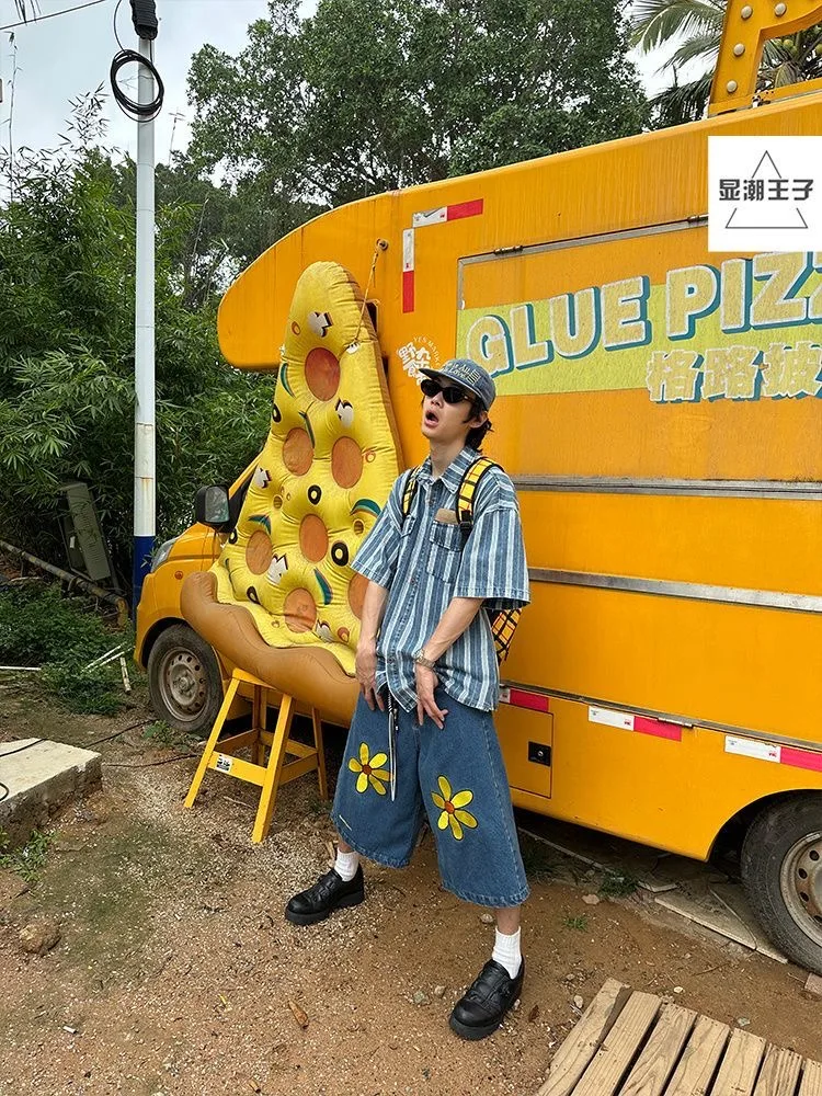 مدينة بوي شيك العصرية الدنيم السراويل خمر الأزهار طباعة Capris مثير الشارع الشهير الصيف السراويل الأزرق السفر الأزواج للجنسين السراويل