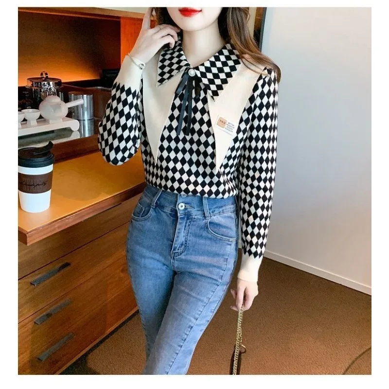 Autumn Winter Style Knitted Sweaters for Women Double-layered Doll Collar Plaid Stylish Beautiful Small Shirts Temperament Tops