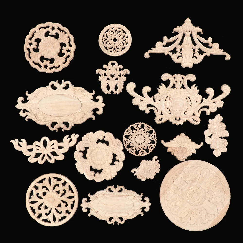 1Pc Natural Floral Furniture Parts Wall Door Wooden Figurines Crafts Wood Carved Corner Appliques Frame Woodcarving Decorative