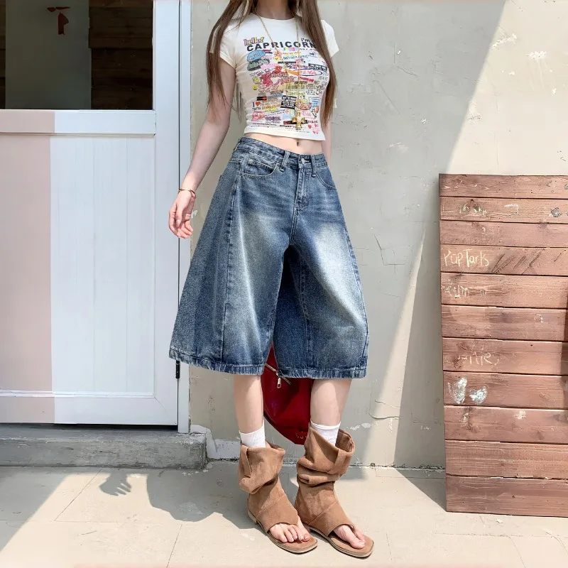 Shorts de mezclilla Y2K de pierna ancha para mujer, estilo casual coreano vintage, vaqueros holgados de tiro alto, jorts, bermudas sueltas para verano