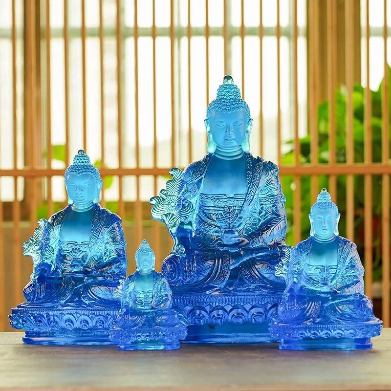 Zen Joy Buddhist Art Handmade Ancient Buddha Statue Medicine Glaze Light King Tathagata Desktop Ornament Gift Box