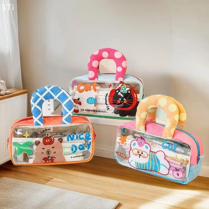 مقلمة ذات سعة كبيرة مع مقابض، حقيبة ظهر صغيرة للأطفال لتنظيم مقصورة المدرسة، رسوم متحركة لطيفة