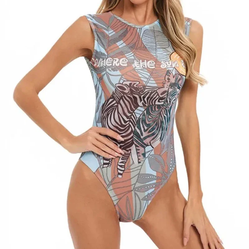 Casual Sleeveless One Piece Swimsuit Women Vintage Printing Mesh O Neck Bathing Suit Bikini Summer 2025 New Sexy Lady Beachwear