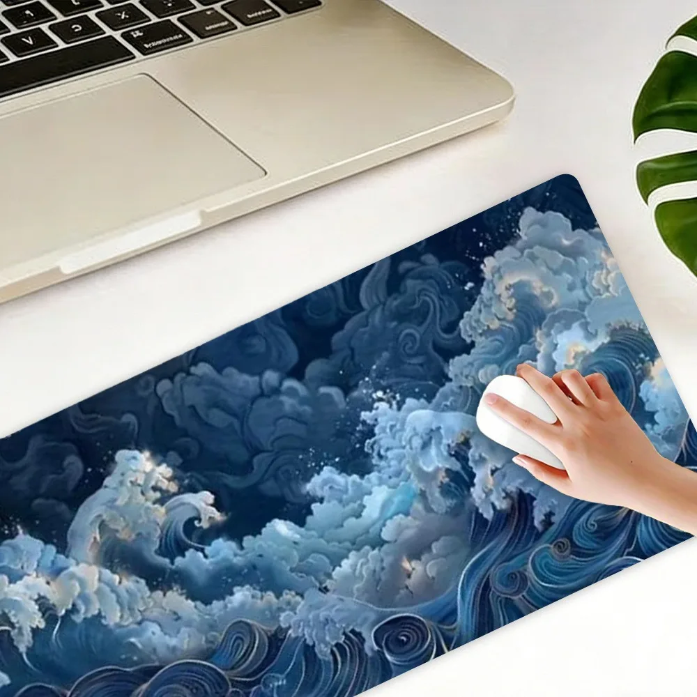 Blue Japanese wave design, game desk accessory Japanese wave pattern alfombrillas para escritorio tapis de souris