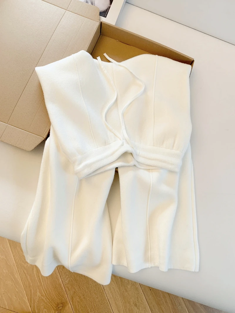 

High Waist Draped Knitted Wide Leg Pants Women's Winter Outerwear Belted Loose Fit Casual Sle High Elastici Warmth