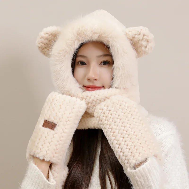 Cute Strawberry Bear Hat Scarf For Women Autumn And Winter Plush Warm Neck Versatile Cycling Cold Protection Ear Protection