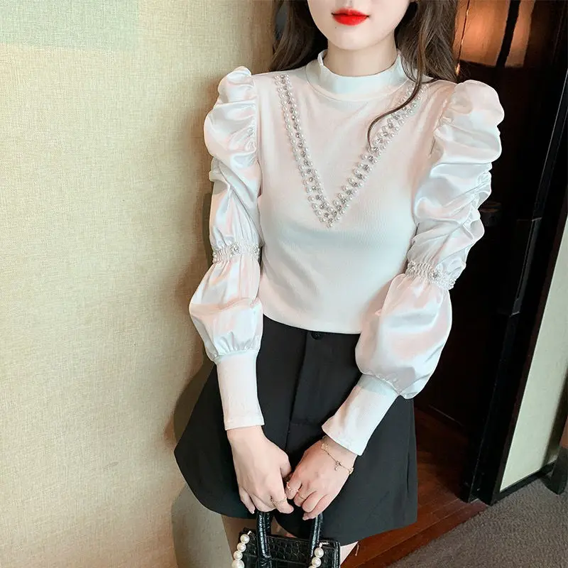 Elegant Stand Collar Beading Puff Sleeve Blouses Women\'s Clothing 2023 Autumn Winter Loose Casual Pullovers Office Lady Shirts