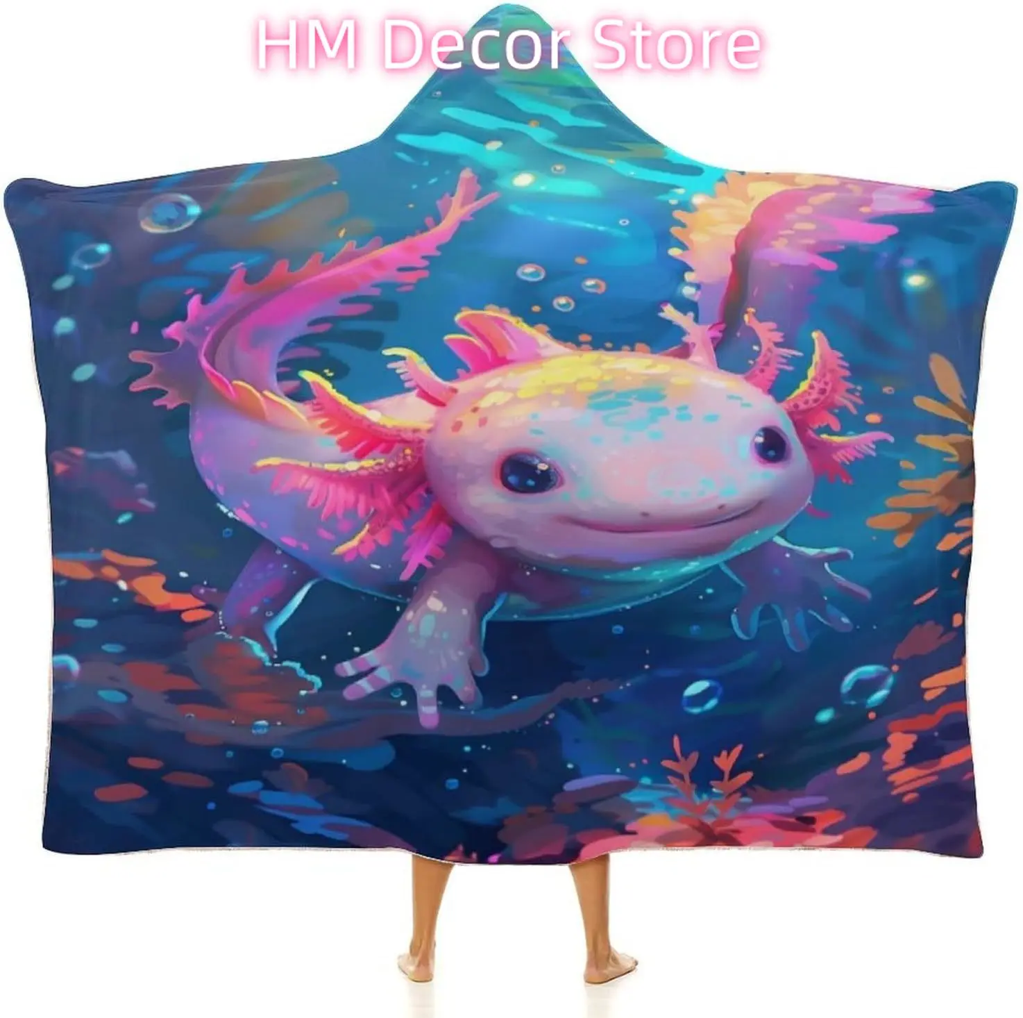 Axolotl Hooded Blanket Use in Living Room and Travel Cute Aquatic Animal Wearable Blanket, Axolotl Gifts For Kids