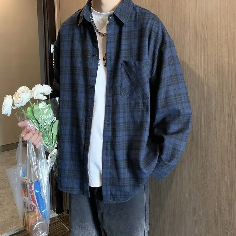 

Autumn Winter Large Size Men's Plaid irt Long Sve Casual Loose Sle Hong Kong Faion Haome Outerwear Top